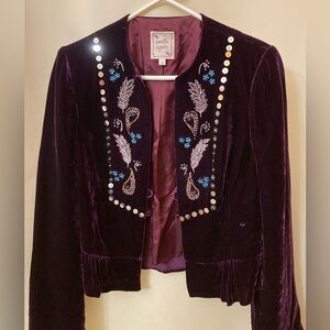 Vtg Nanette Lepore Plum Crushed Velvet Jacket Sequins Beads Ruffle Hem Boho Sz 4